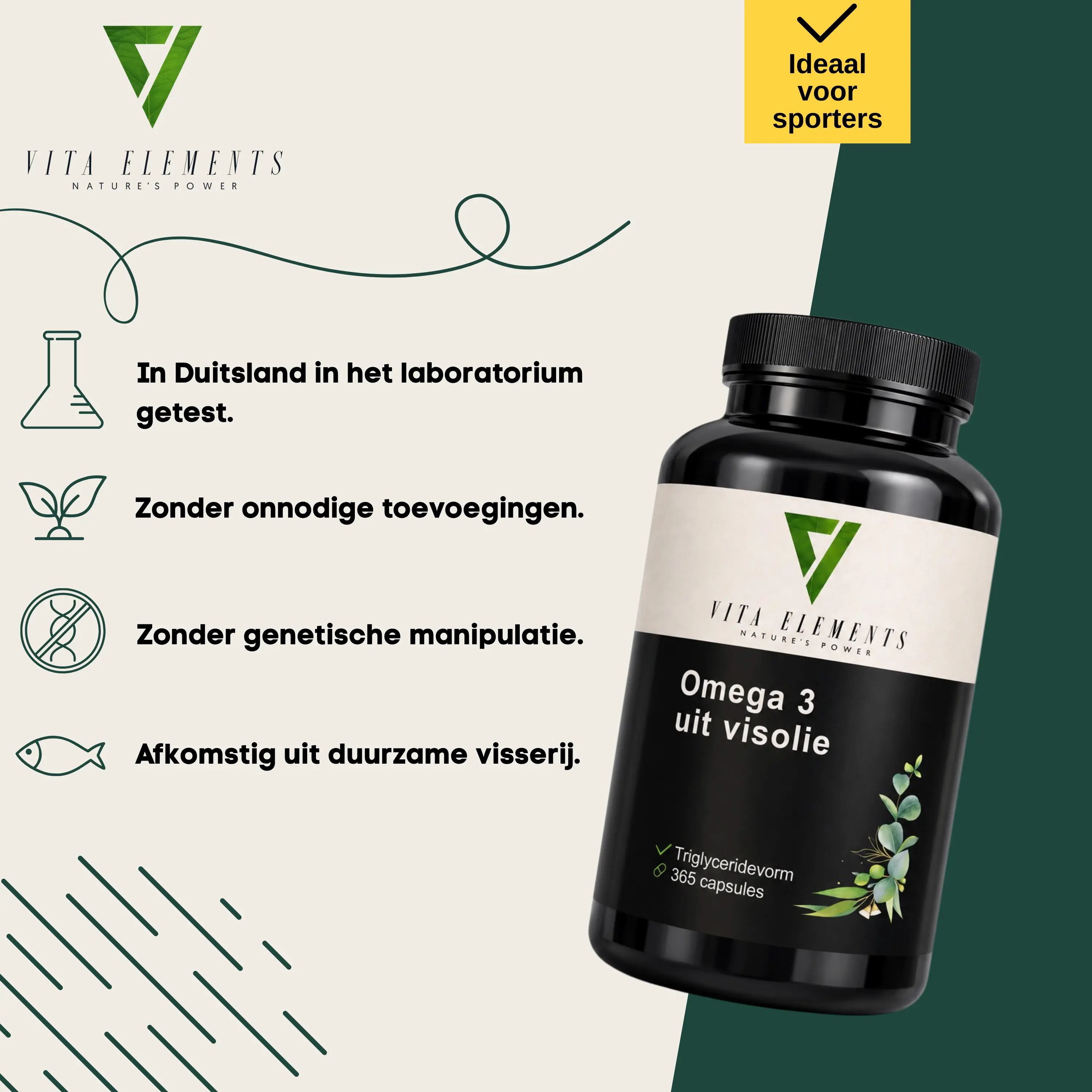 Fles omega-3 capsules. "In laboratorium getest", "Hoge dosering", "Zonder onnodige toevoegingen".