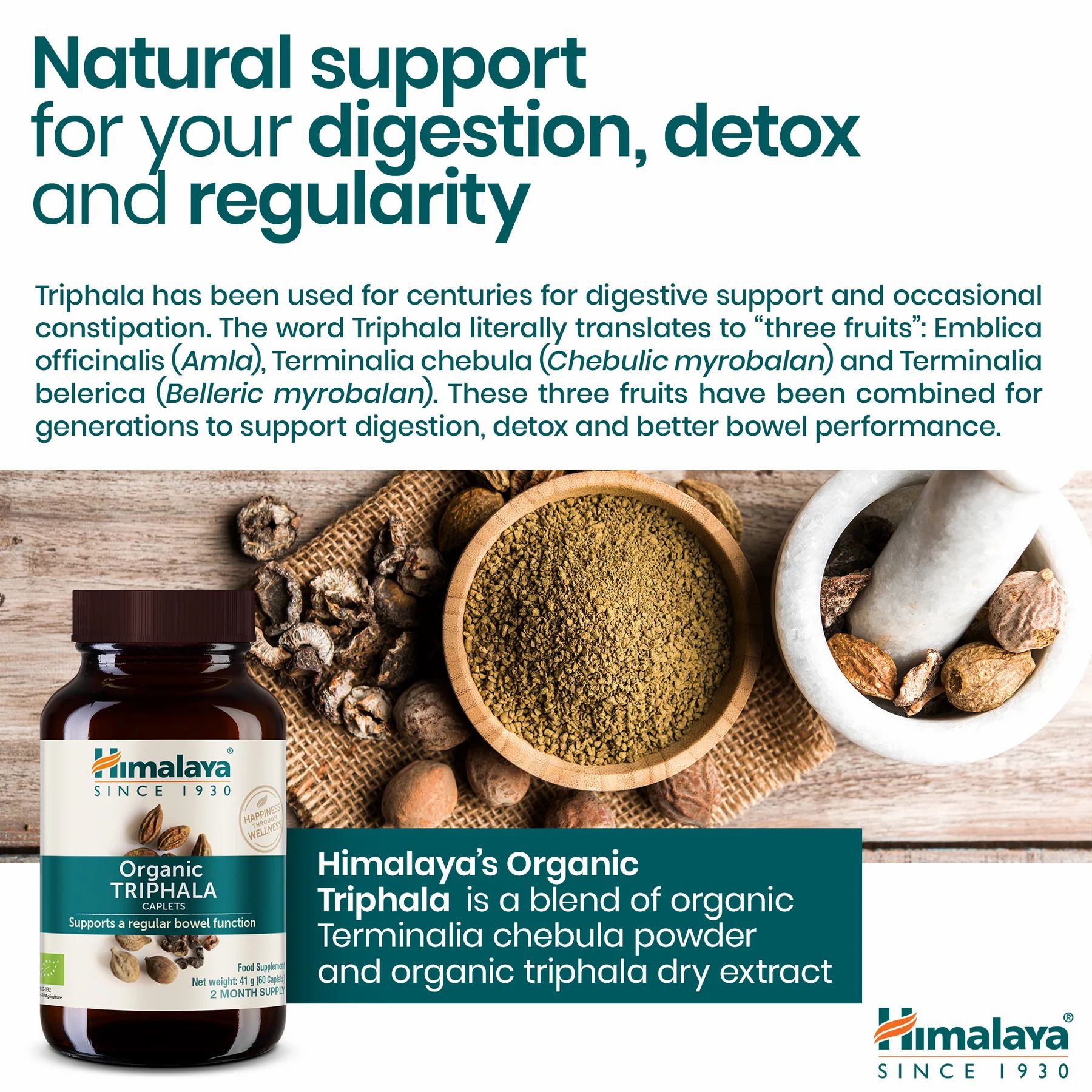 Himalaya Bio Triphala en flacon brun, bol de poudre et fruits. Texte sur la digestion.