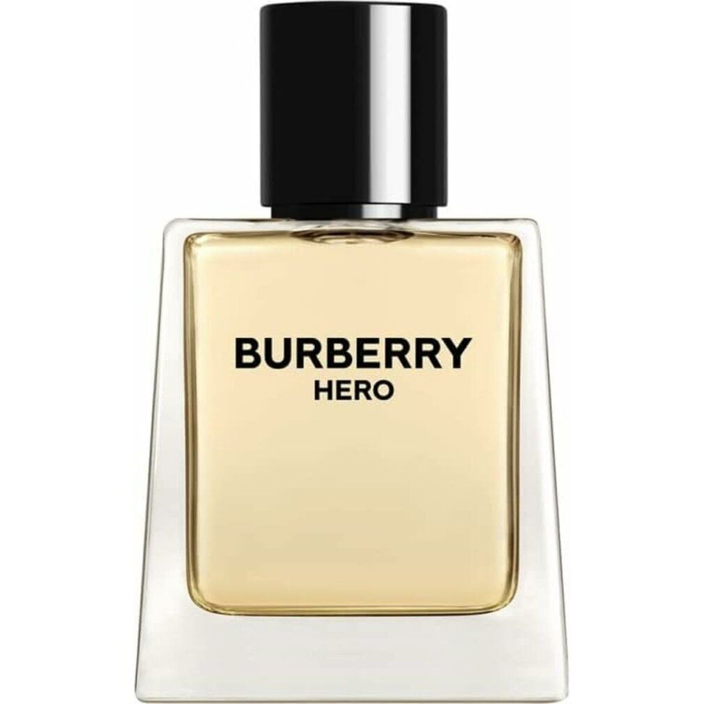 Burberry Hero Eau de Toilette. Flacon rectangulaire, bouchon noir. Inscription: Burberry Hero.