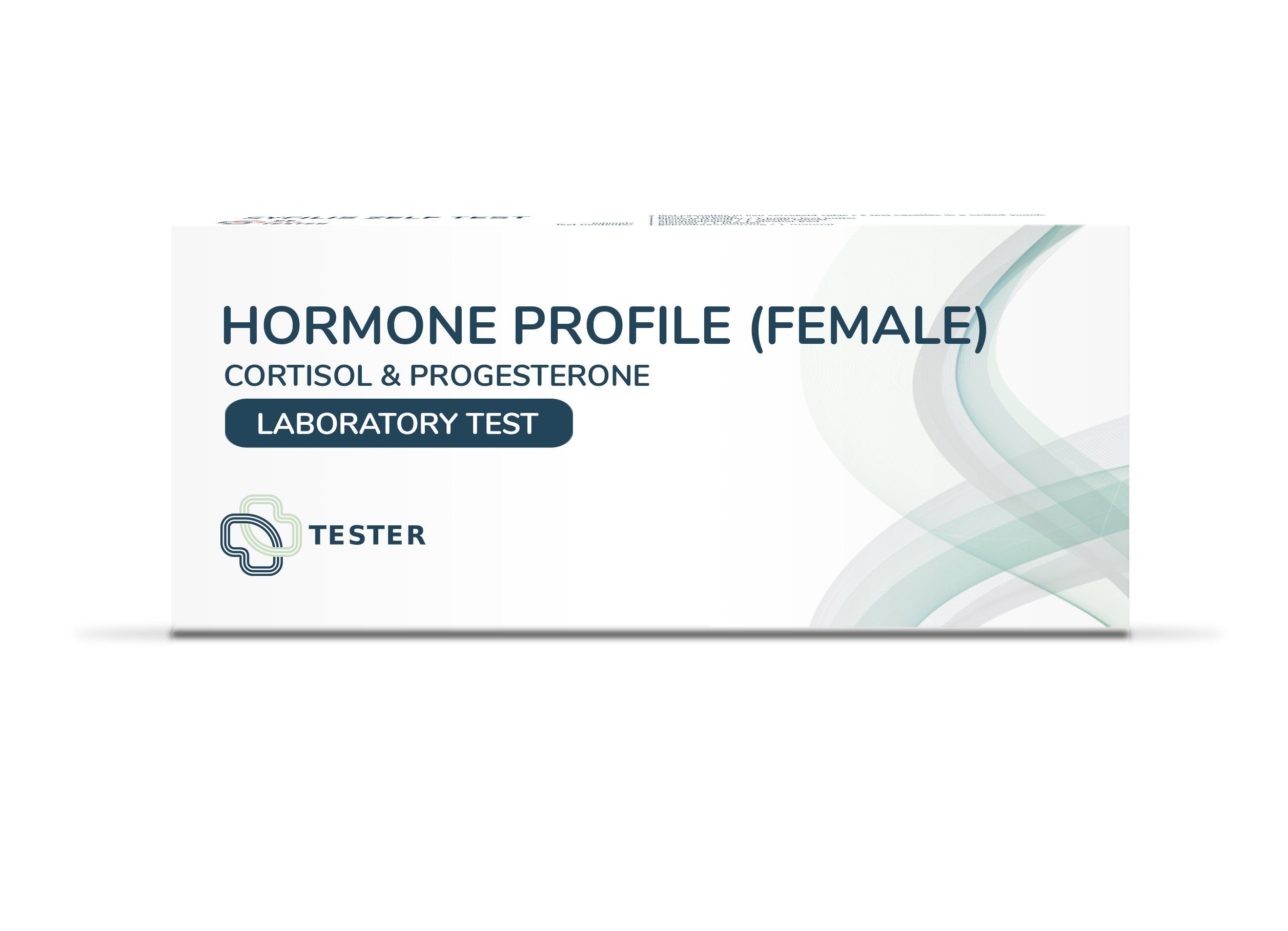 Boîte blanche avec texte "Profil hormonal (femme)". Contient cortisol et progestérone. Test de laboratoire. Logo et mot "Tester".