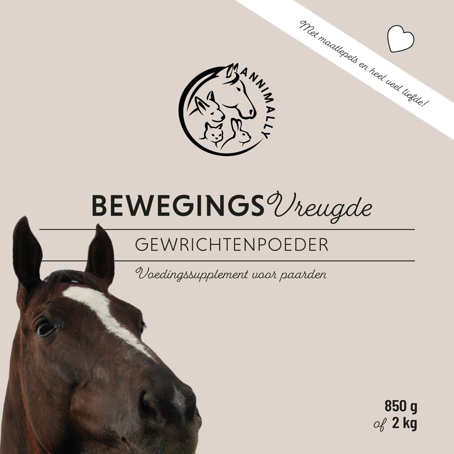 Productverpakking met tekst: Bewegingsvreugde Gewrichtenpoeder. 850 g of 2 kg. Logo: Annimally.