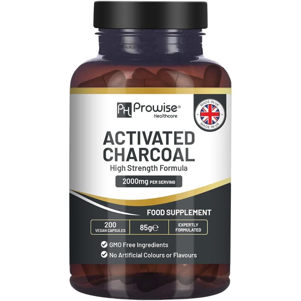 Bruine fles Prowise Healthcare Actieve Kool capsules. Opschrift: Activated Charcoal, 2000mg, 200 vegan capsules. Made in UK.
