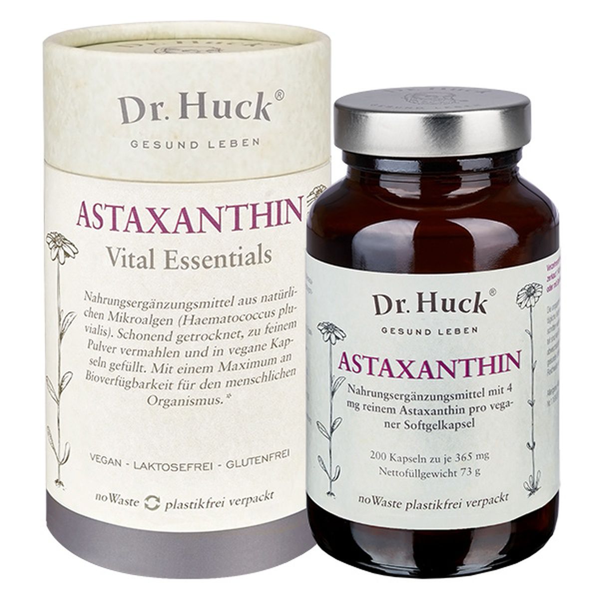 Bruine glazen fles en cilindrische verpakking. Beide met etiketten en productnaam. Opschrift: Dr. Huck Astaxanthin Kapseln Vegan.