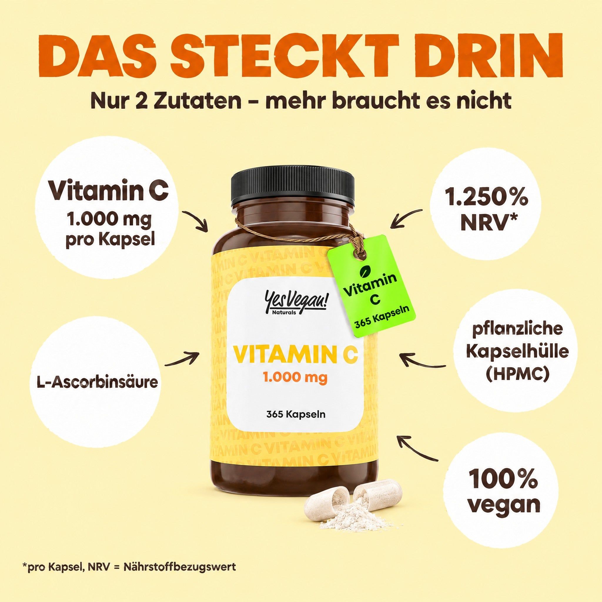 Fles met 365 capsules Vitamine C 1.000 mg, 100% vegan, plantaardige capsule.