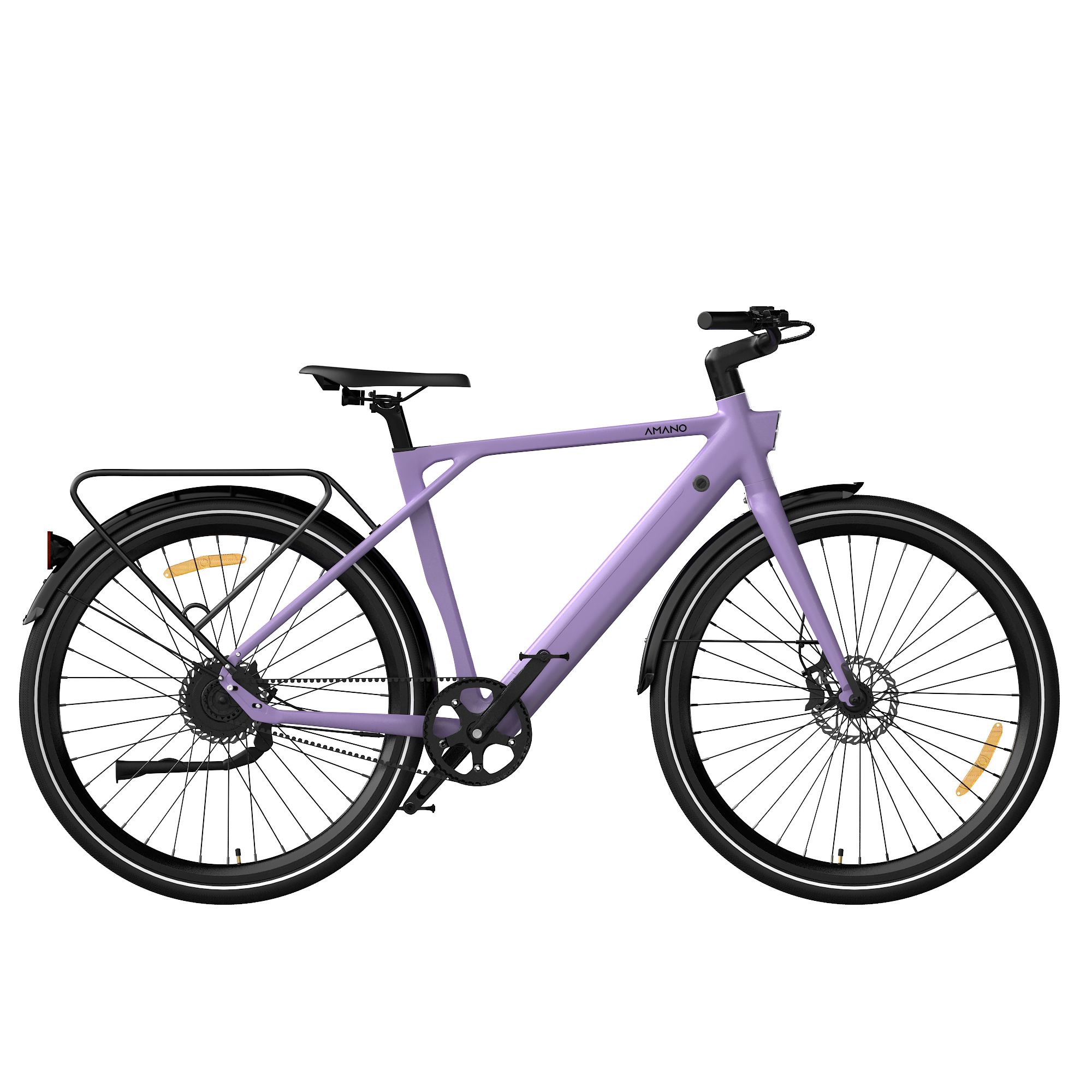 Paarse e-bike met zwart frame en banden. Achterdrager. Merk AMANO.