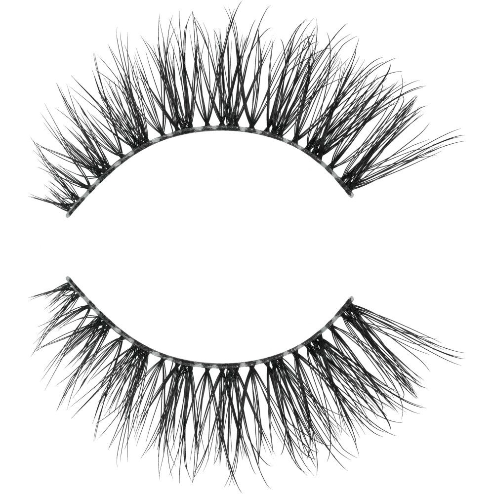 Faux cils noirs. Poils synthétiques sur une bande transparente. Forme incurvée.