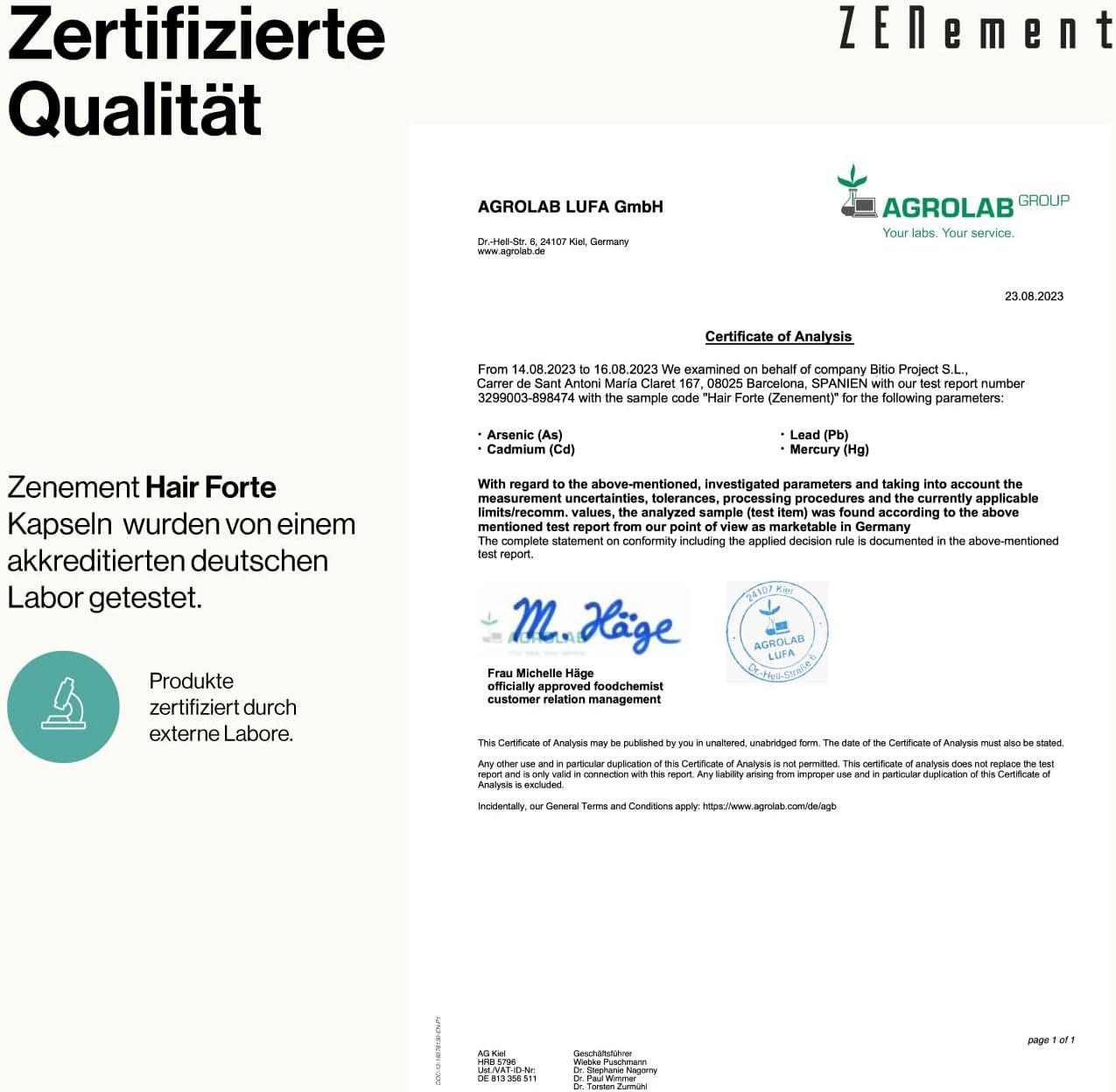 Certificeringsdocument van Agrolab LUFA GmbH. Certificaat voor Zenement Hair Forte. Bevestiging van de analyse van zware metalen. Handtekeningen en stempels.