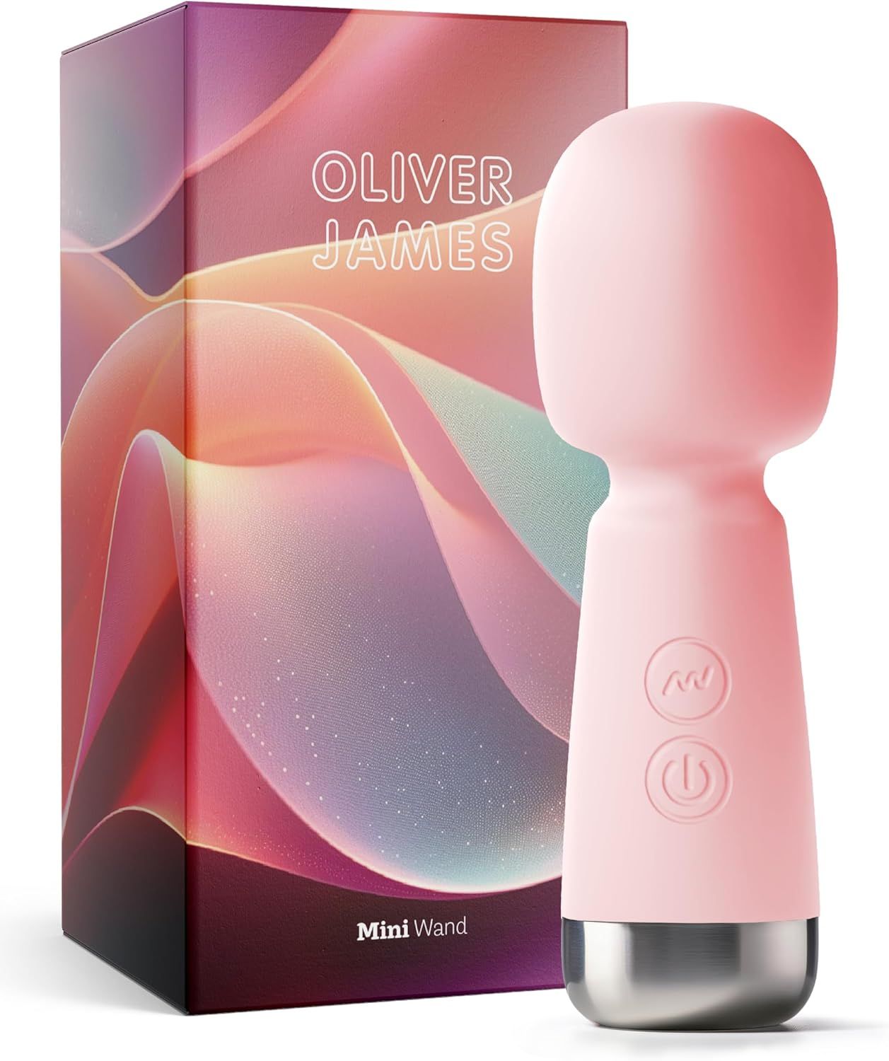 Vibrateur Oliver James Mini Wand rose pastel avec base argentée et deux boutons de commande.