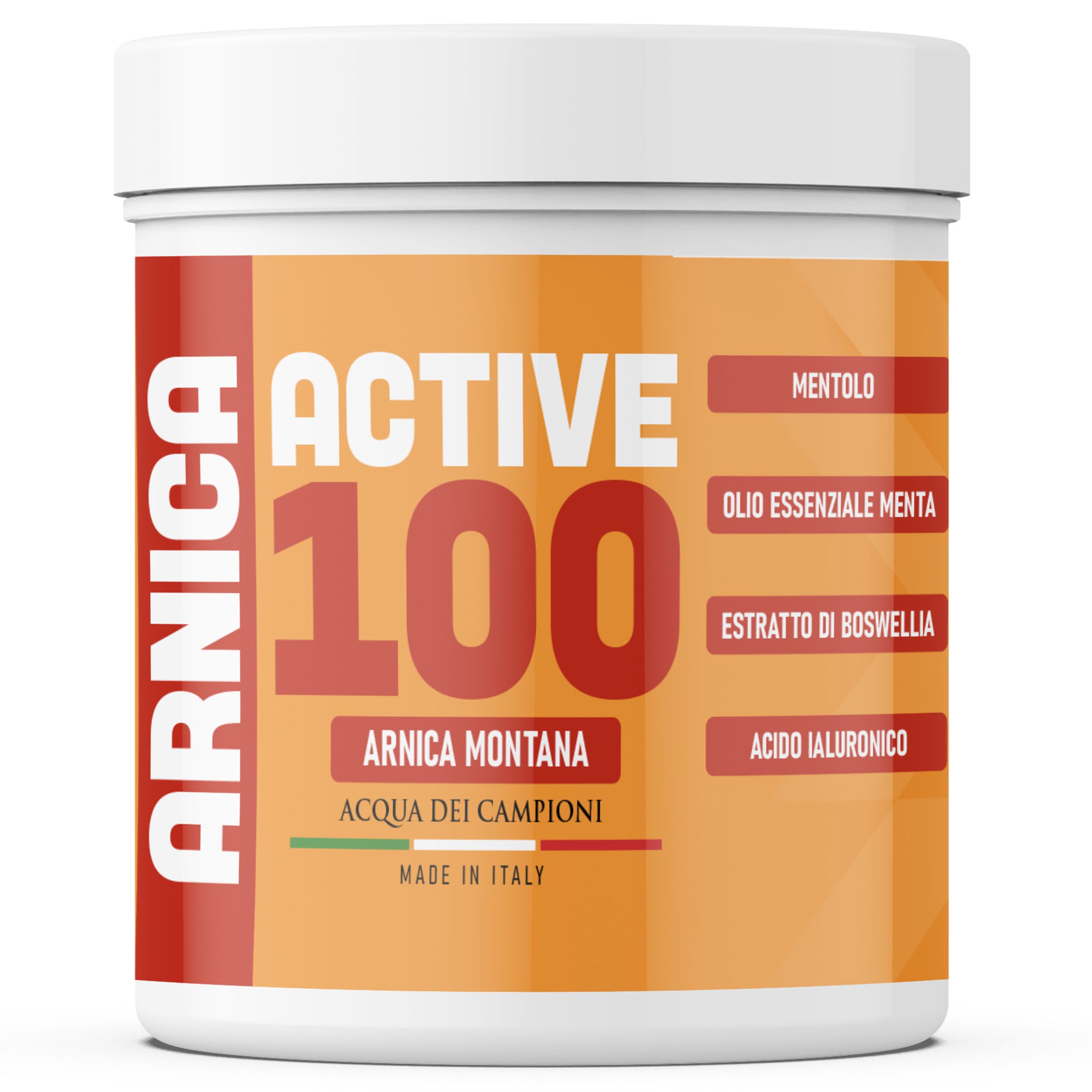 Pot "Arnica Active 100". Opschriften: Arnica Montana, Acqua dei Campioni, Made in Italy. Ingrediënten: menthol, pepermuntolie, boswellia-extract, hyaluronzuur.