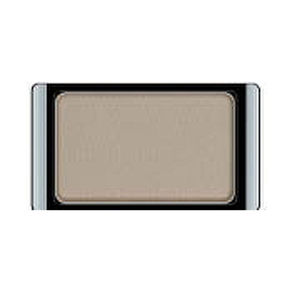 Lichtgrijs-beige oogschaduw. Rechthoekige vorm, in zwart kader met zilveren rand. Matte finish.