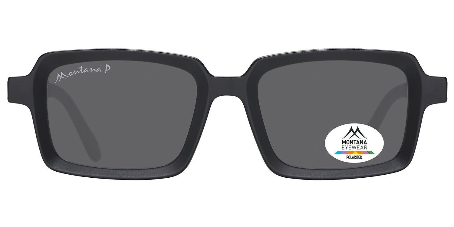 Lunettes de soleil noires avec verres rectangulaires. Logo Montana Eyewear sur la branche et le verre. Autocollant polarisé.