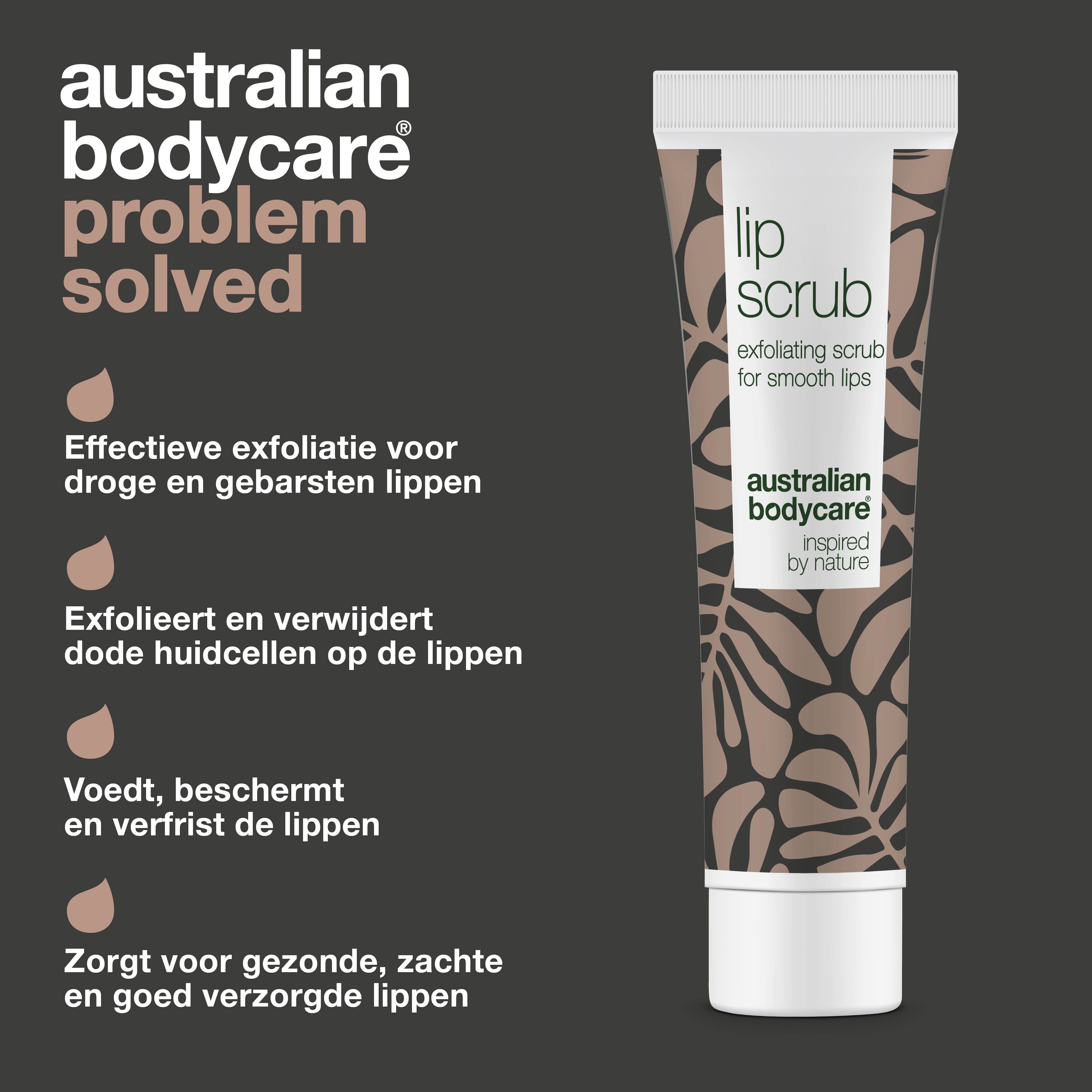Lip Scrub-tube, bruin patroon, witte dop. Tekst: Australian Bodycare, Lip Scrub, probleem opgelost.