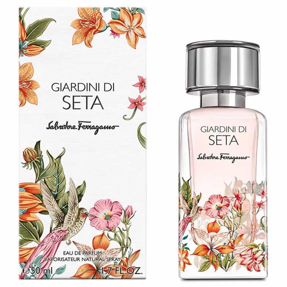 Flacon et boîte de parfum Giardini Di Seta, Salvatore Ferragamo. Décor floral. Flacon bouchon argenté.