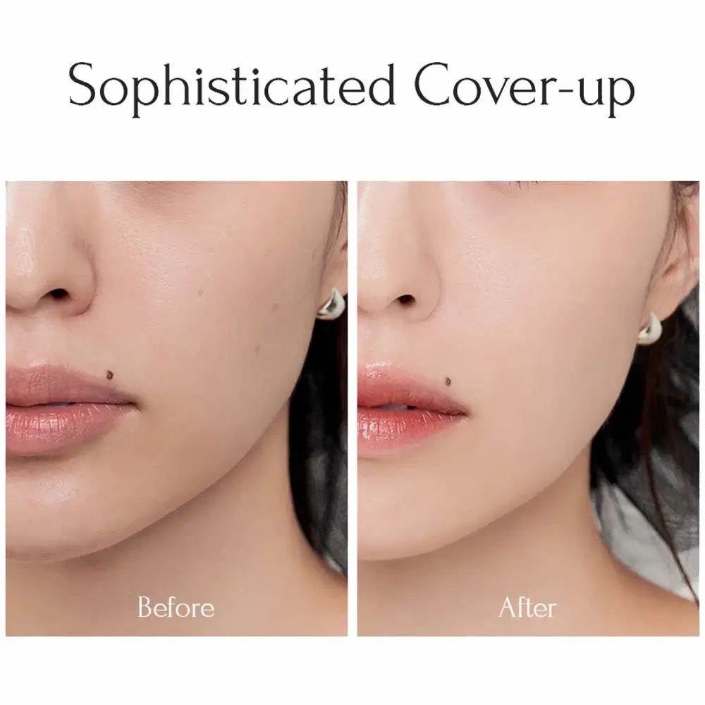 Voor-en-na-vergelijking. Gezichtshelften tonen huid voor en na het aanbrengen van make-up.