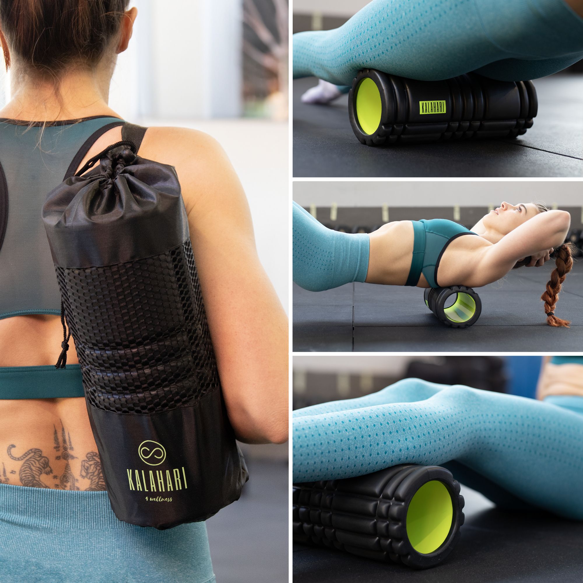 Vrouw met fascia roller in tas. Collage: vrouw met roller, benen op roller.