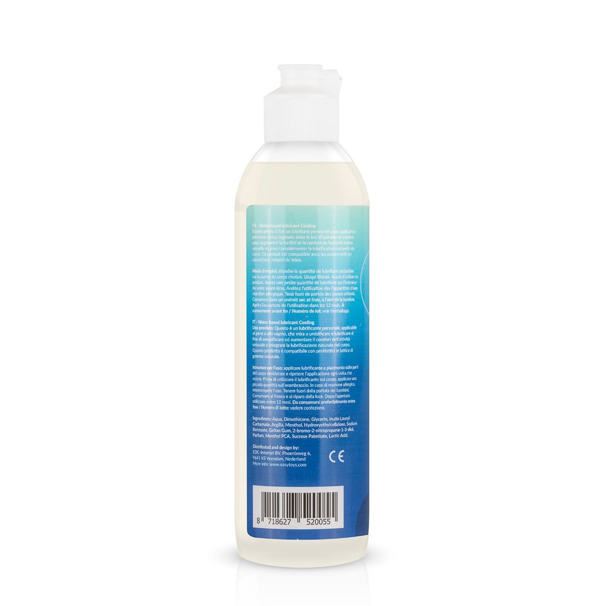 Dos d'un flacon transparent avec bouchon blanc. Texte multilingue, marquage CE.