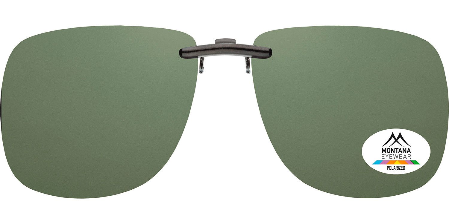 Clip solaire avec verres verts. Autocollant: Montana Eyewear, polarisé. Monture noire.