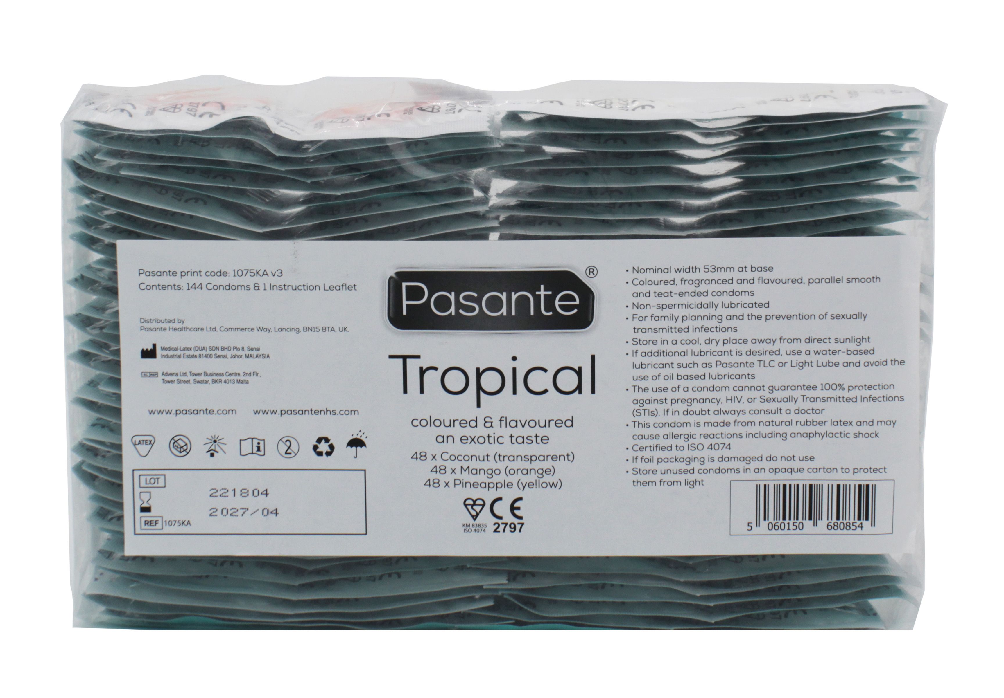 Paquet de préservatifs "Pasante Tropical". Contient 144 préservatifs. Inscription : "Tropical coloured & flavoured an exotic taste". Marquage CE.