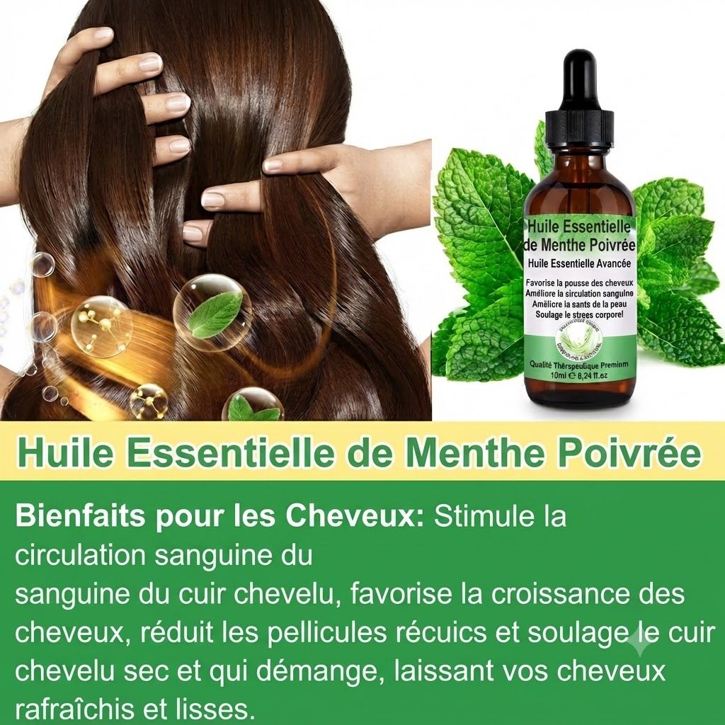 Flacon en verre brun d'huile essentielle de menthe poivrée avec des feuilles de menthe. À gauche, une main dans des cheveux bruns brillants.