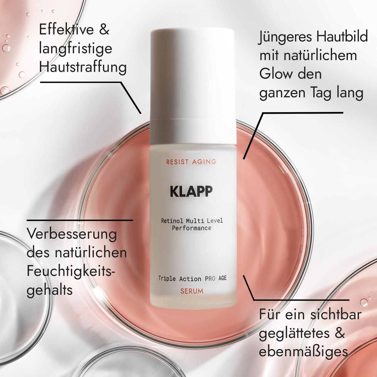 Flacon blanc avec texte : KLAPP, Resist Aging, Retinol Triple Action Pro Age Serum. Sur fond rose.