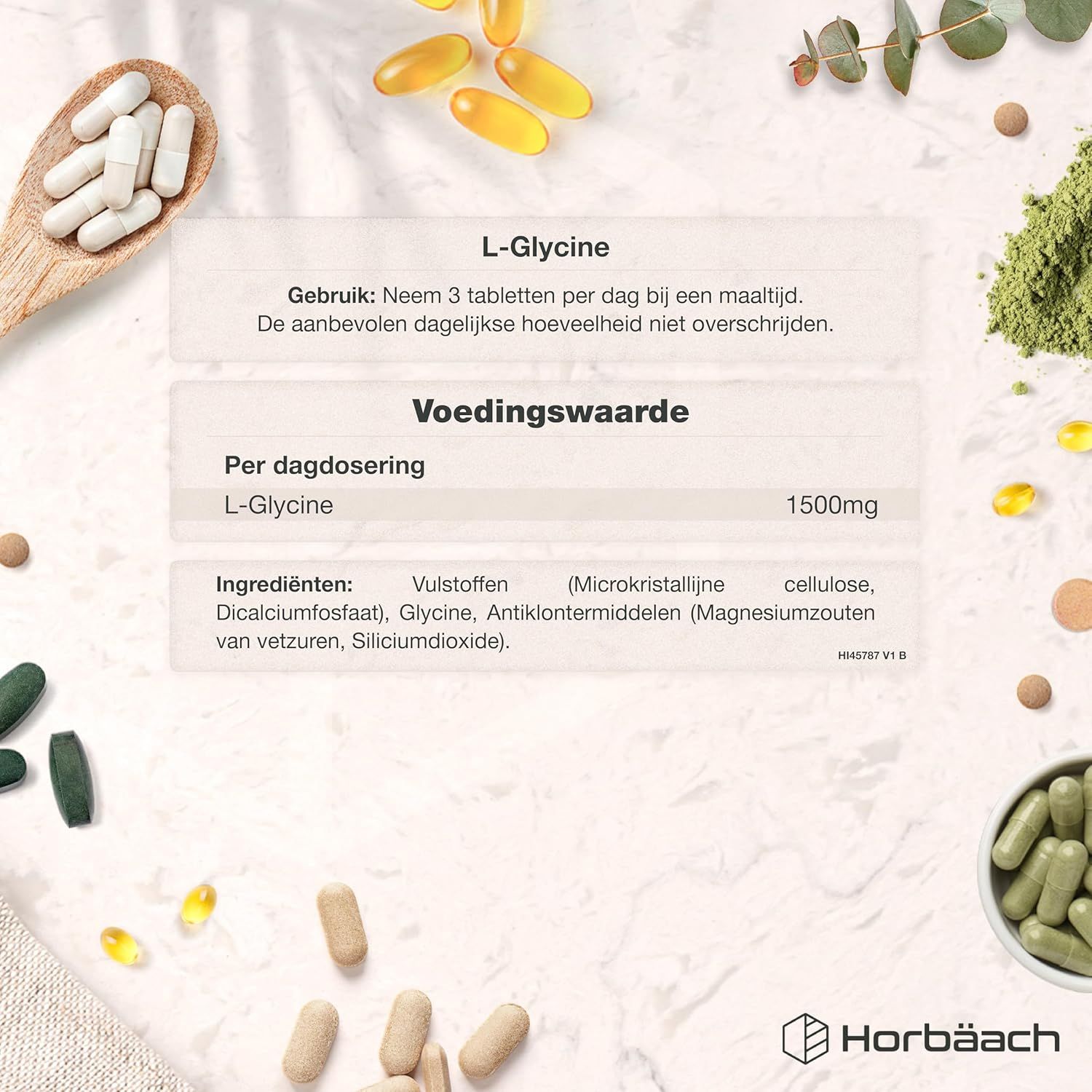 L-Glycine capsules en voedingswaarde. Bevat 1500mg L-Glycine per dagdosering.