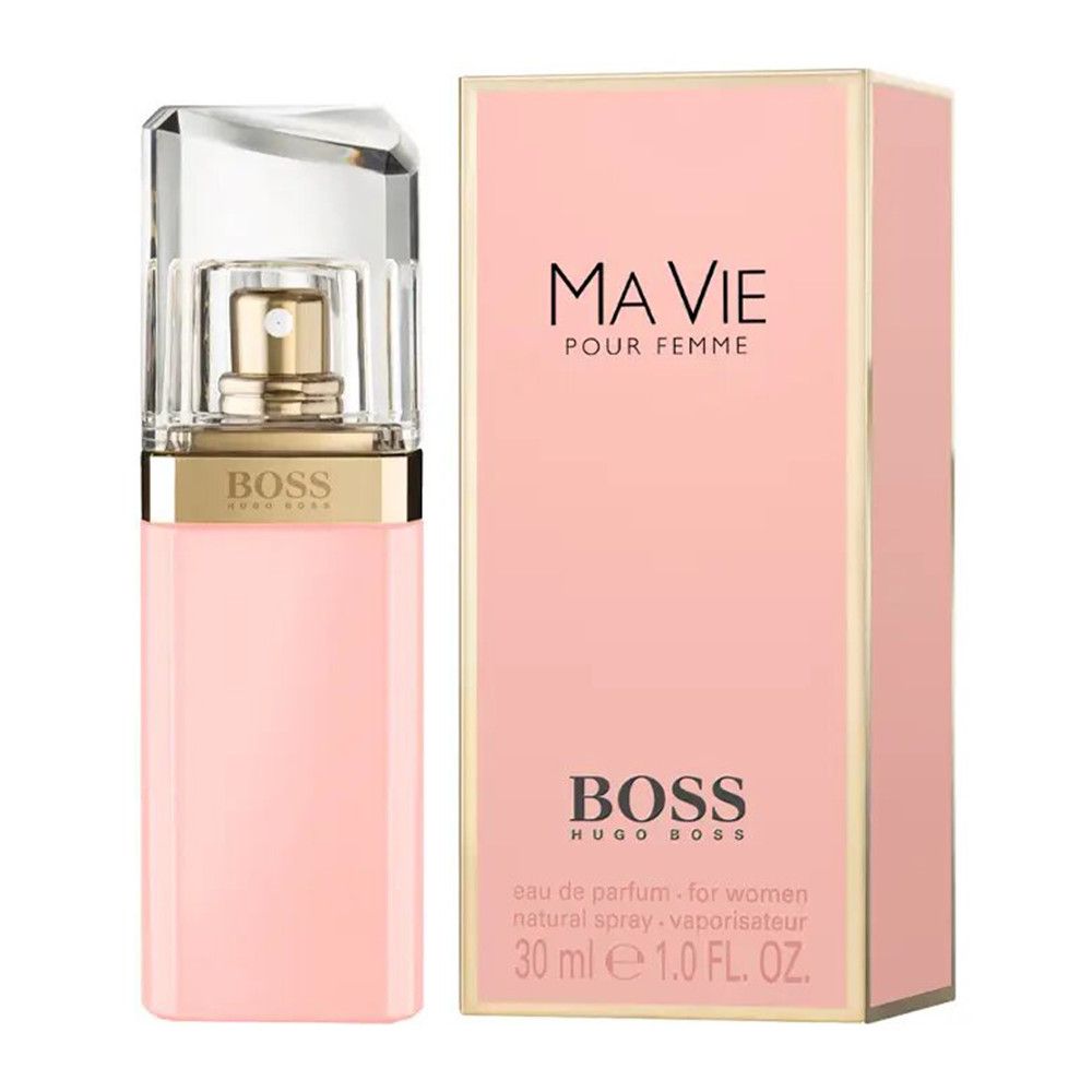 Flacon rose avec bouchon doré et boîte. Inscription : MA VIE POUR FEMME, BOSS. 30 ml.