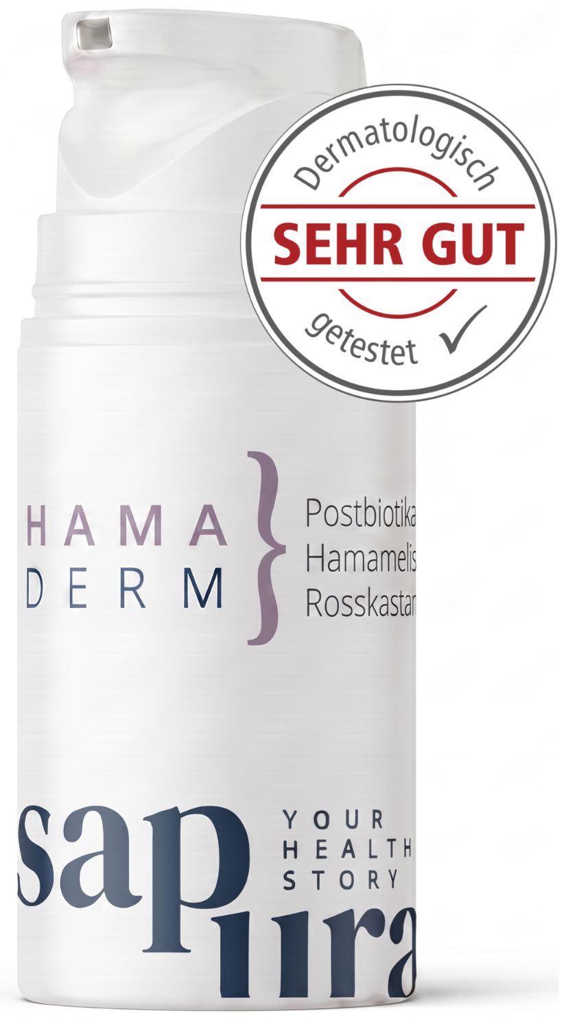 Witte fles met pompdos en zegel 'Dermatologisch ZEER GOED getest'.