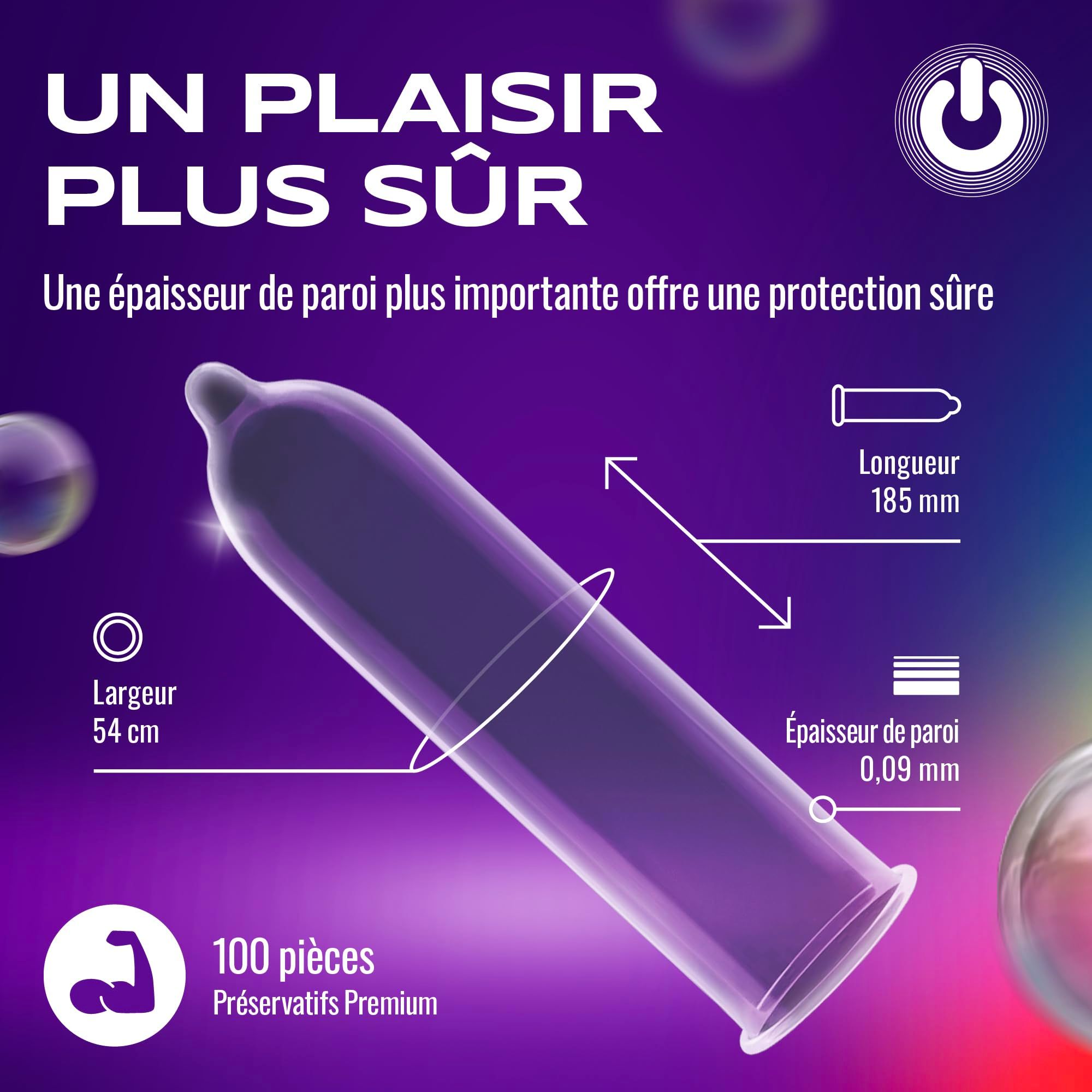 Préservatif ON) Strong : Longueur 185 mm, largeur 54 mm, épaisseur paroi 0,09 mm. Transparent.