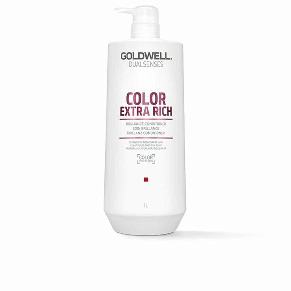 Goldwell Dual Senses Color ExtraRich Conditioner. Flacon blanc avec pompe. Inscription rose 'COLOR EXTRA RICH'. 'Brilliance Conditioner' en dessous. 1L.