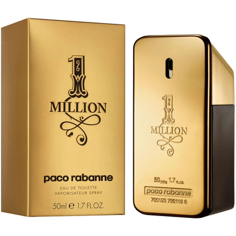 Flacon et boîte dorés. Inscription: 1 Million, Paco Rabanne. Eau de Toilette, 50ml.