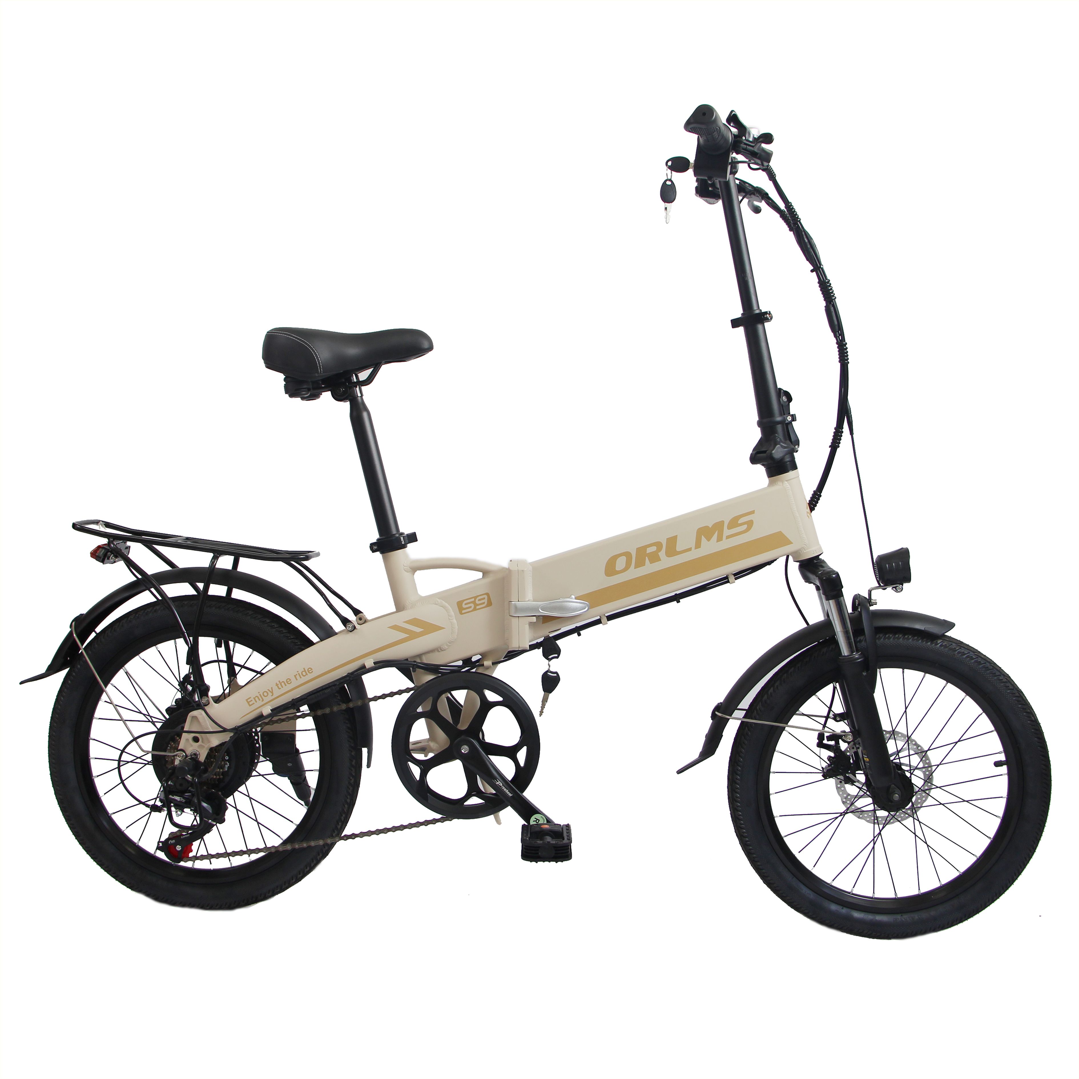 Beige-zwarte opvouwbare e-bike. ORLMS S9-opschrift. Bagagedrager, spatborden, zadel. 20-inch wielen. Zijaanzicht.