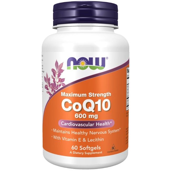 Flacon de gélules avec étiquette. Contient CoQ10 600 mg. Marque : NOW. 60 gélules.