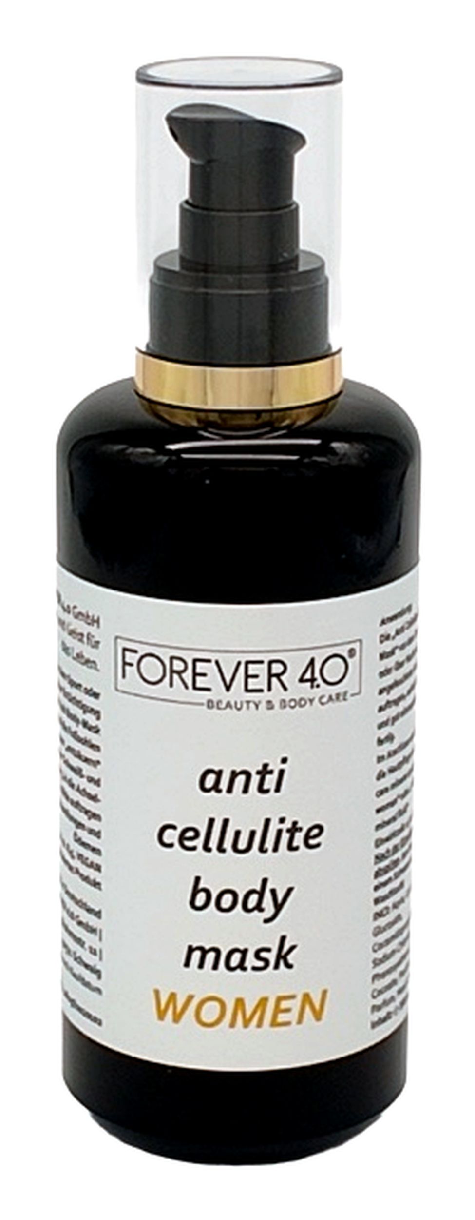 Zwarte fles met pomp. Opschrift: FOREVER 4.0, Anti-cellulite Body Mask, WOMEN. Gouden ring op de hals.