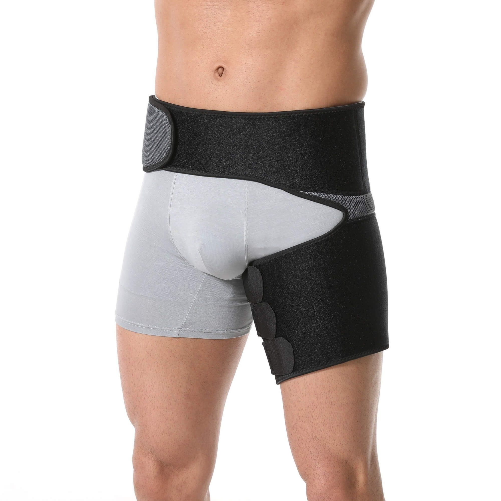 Ceinture de soutien noire pour hanche et cuisse avec velcro, textes français.
