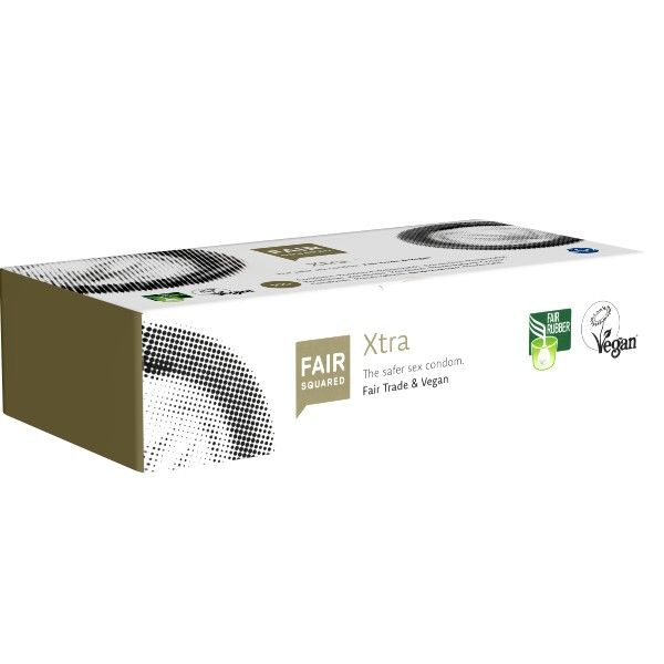 Boîte de préservatifs Fair Squared Xtra. Emballage blanc avec logo, nom du produit et labels. Vegan et commerce équitable.