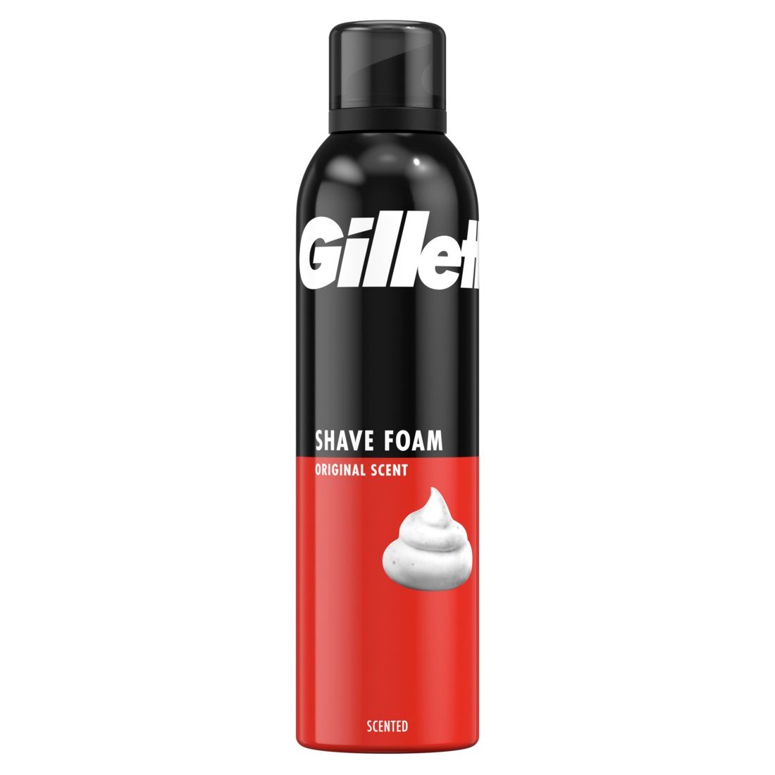 Flacon noir et rouge "Gillette Shave Foam". Texte blanc. Illustration de mousse. "Original Scent" et "Scented".