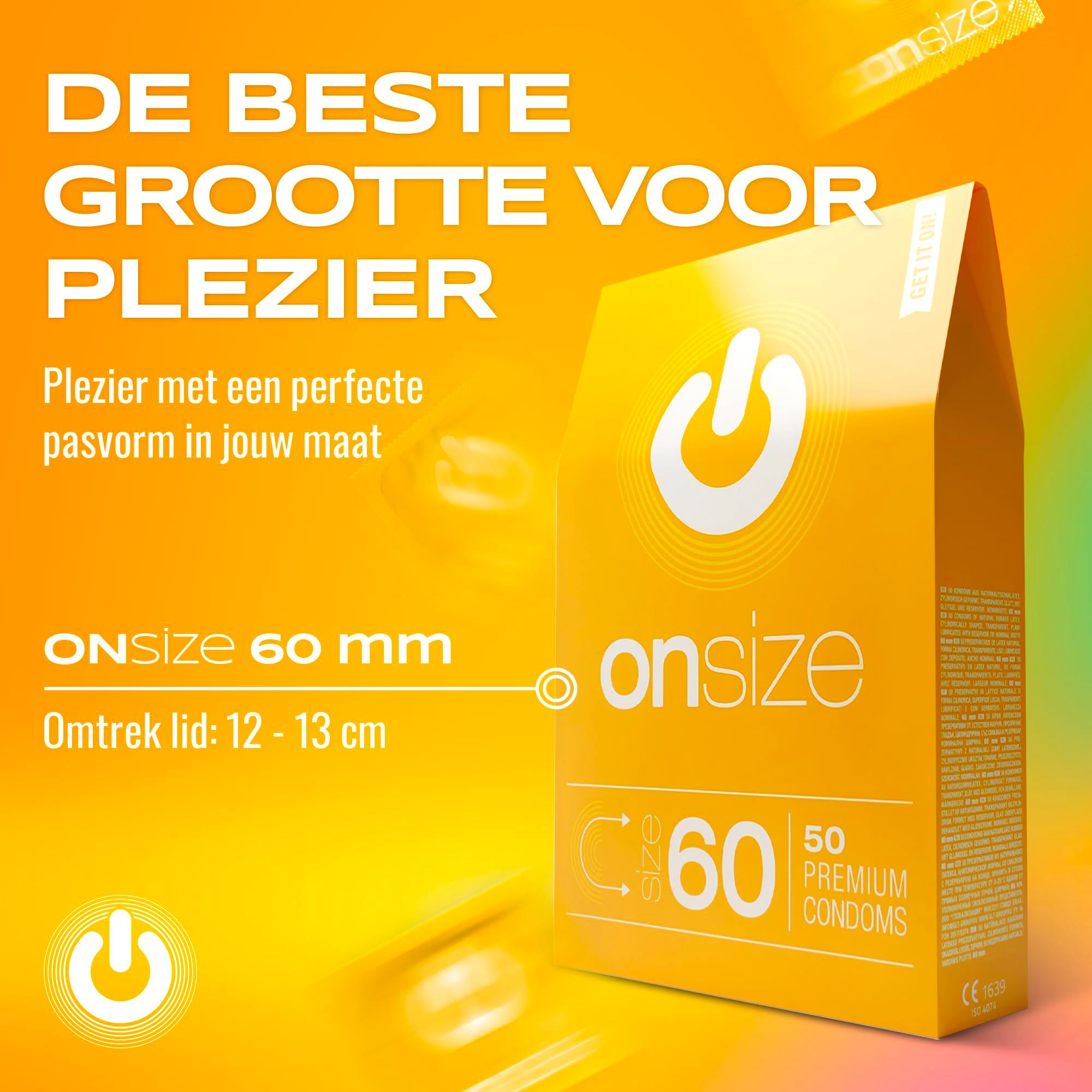 Verpakking ONsize 60mm, 50 premium condooms. Tekst: Hoe meet je geluk.