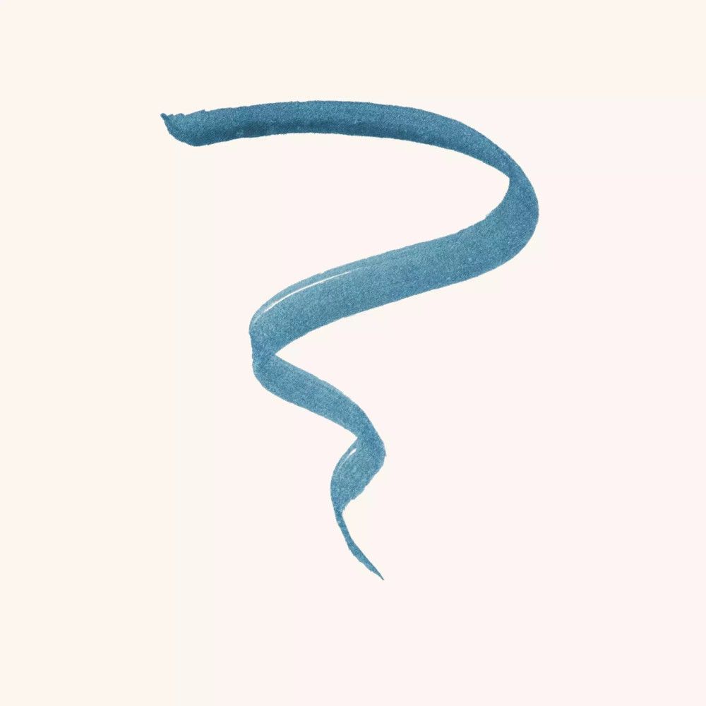Trait d'eyeliner turquoise en forme de spirale sur fond clair.