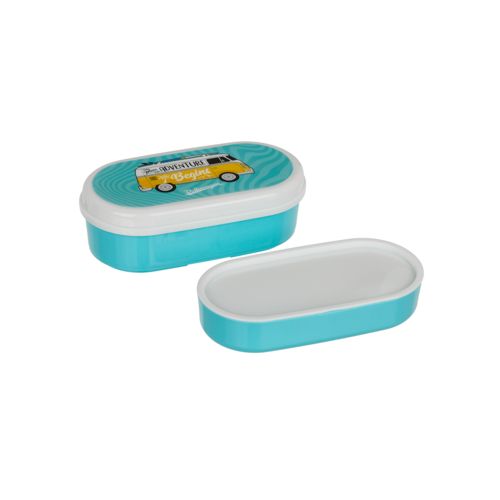 Blauwe broodtrommel met wit deksel. VW T1 Bus-motief. Deksel verwijderd. Opschrift: Surf Adventure.