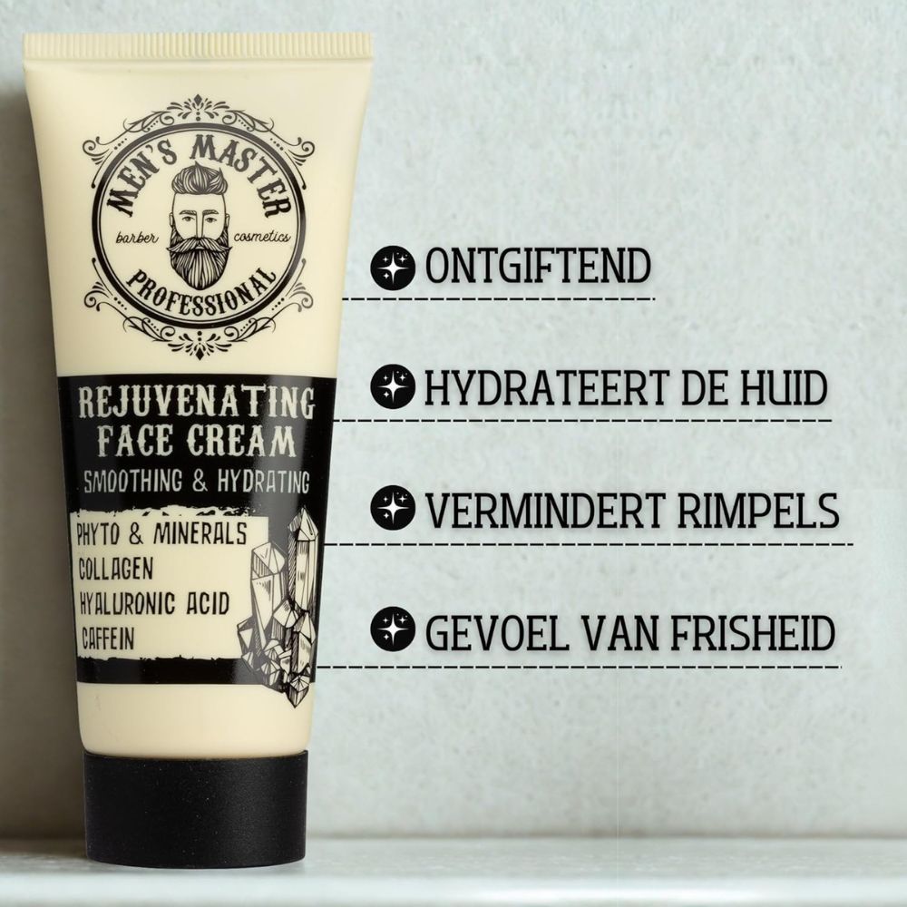Crèmetube. Opschrift: Men's Master, Rejuvenating Face Cream. Tekst en kristallen.