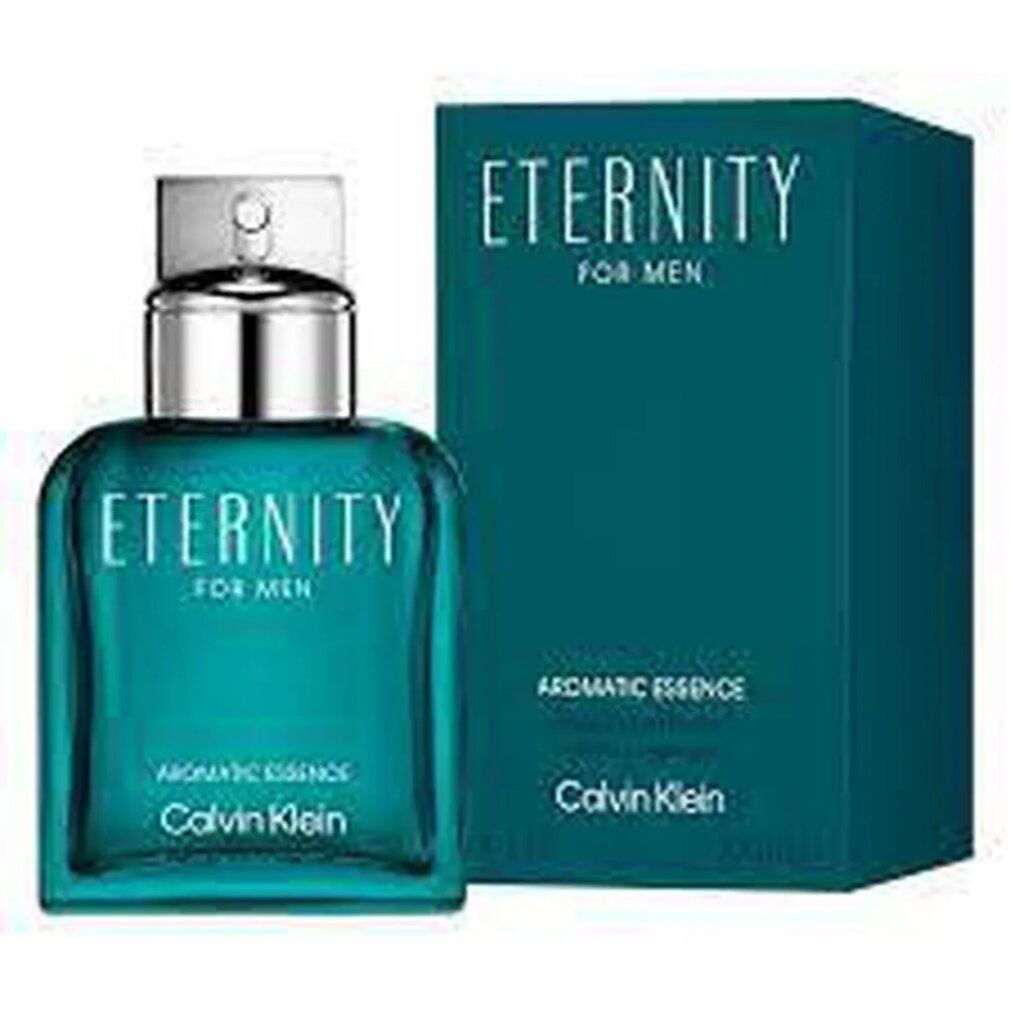 Flacon et boîte turquoise. Inscription : Eternity for Men, Aromatic Essence, Calvin Klein. Flacon avec bouchon argenté.