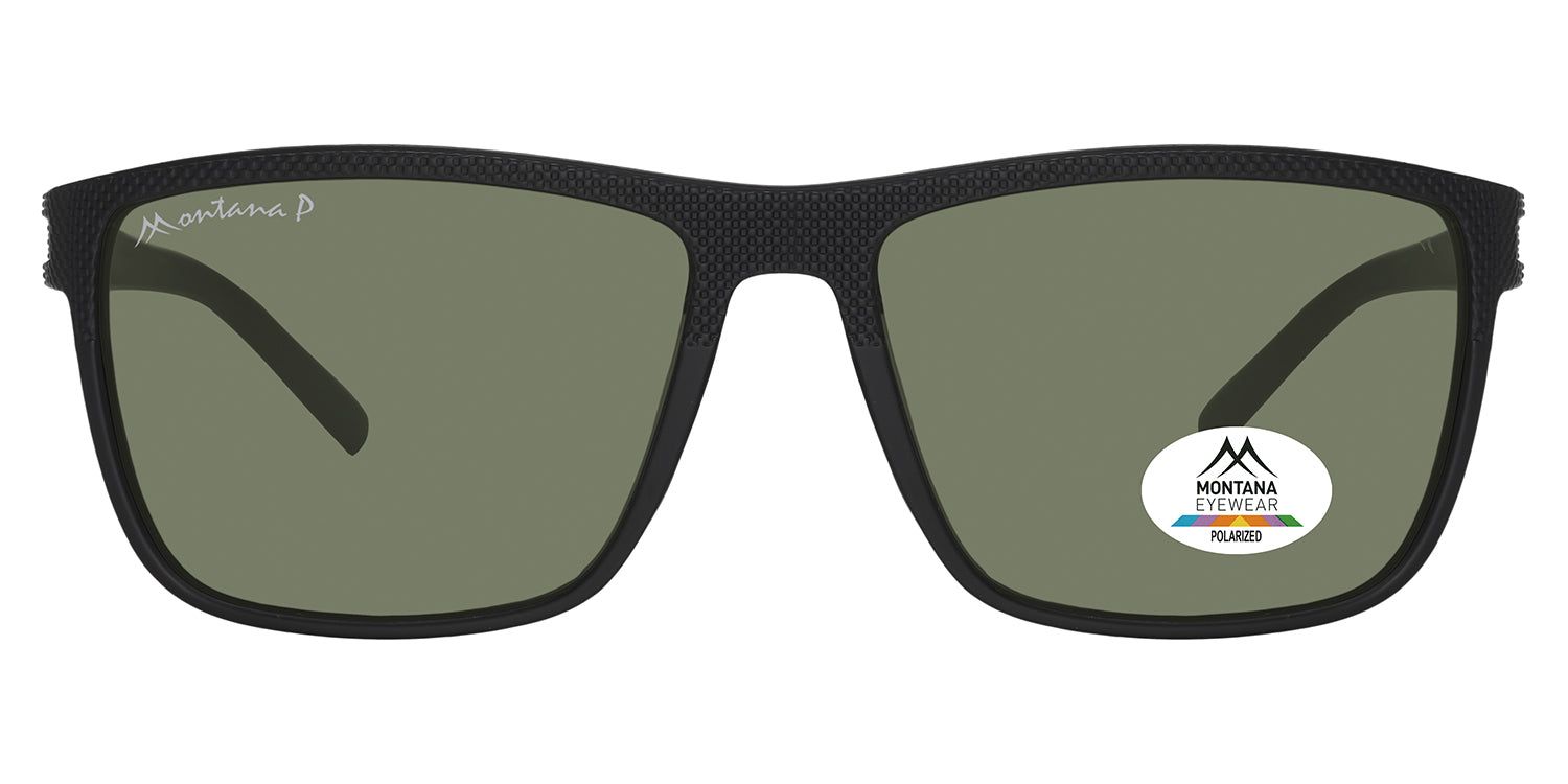 Lunettes de soleil noires à verres rectangulaires. Logo 'Montana Eyewear' sur la branche. Autocollant 'Polarized'.