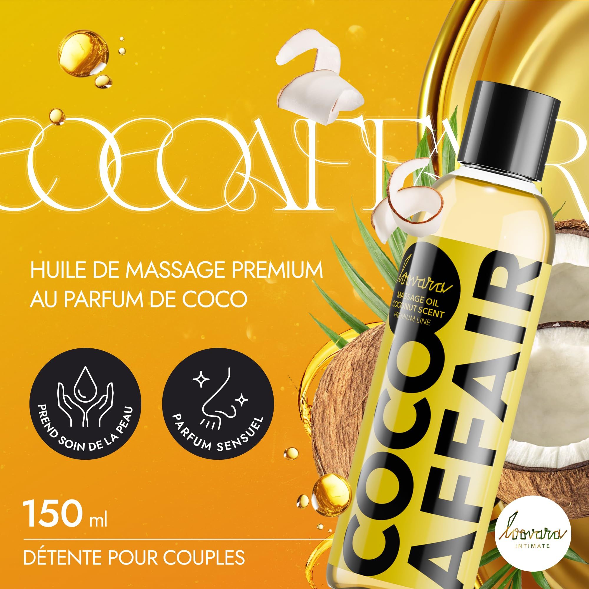 Flacon d'huile de massage à la noix de coco, 150 ml, avec bouchon noir.