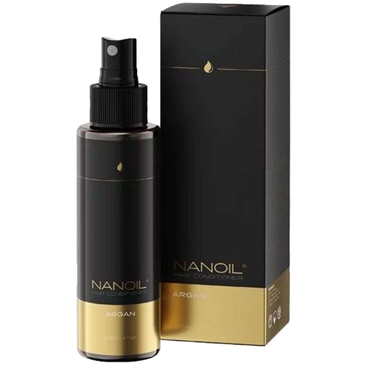 Nanoil Argan Hair Conditioner dans un flacon pulvérisateur noir avec bande dorée et boîte.