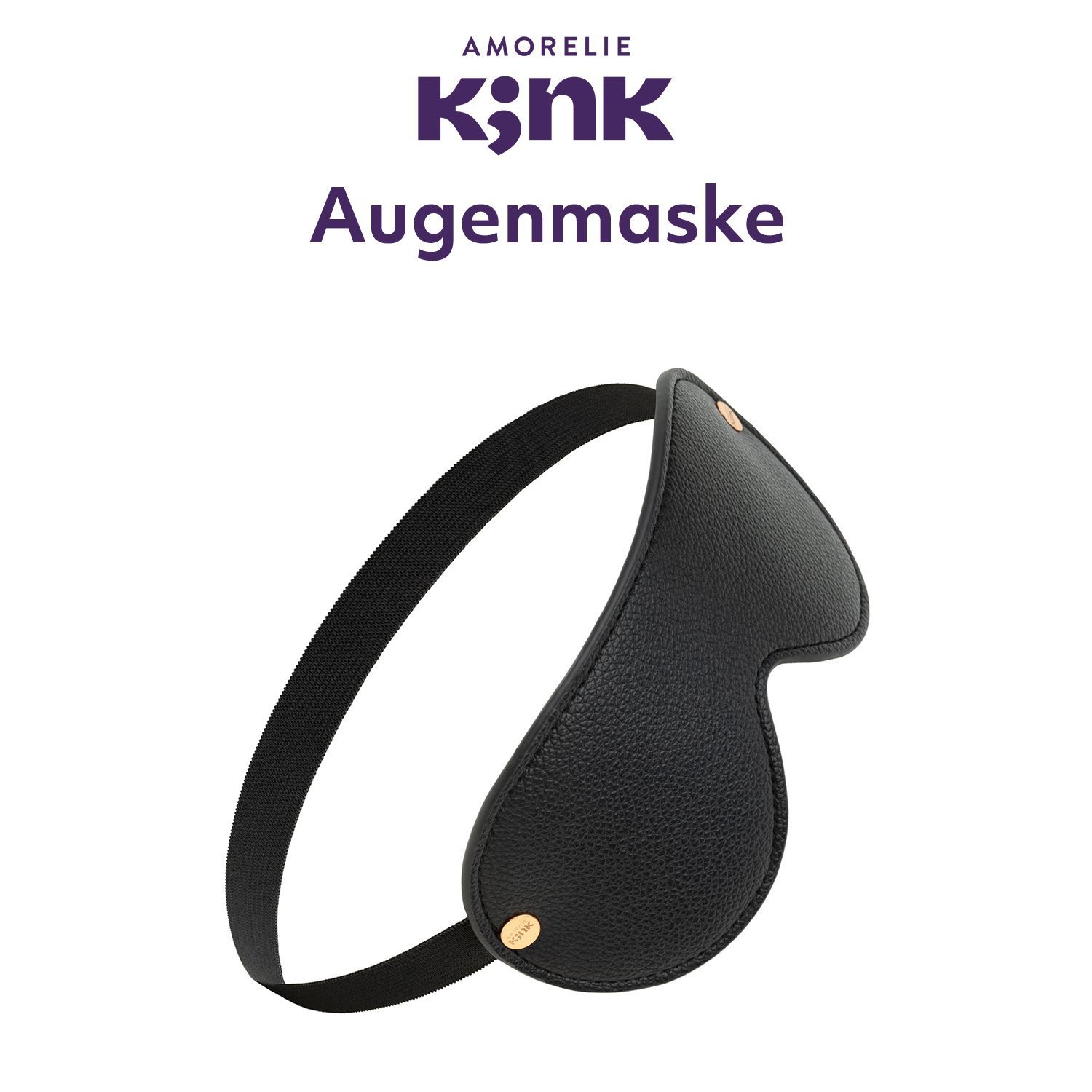 Masque pour les yeux noir avec élastique. Deux rivets dorés. Nom du produit : "Augenmaske".