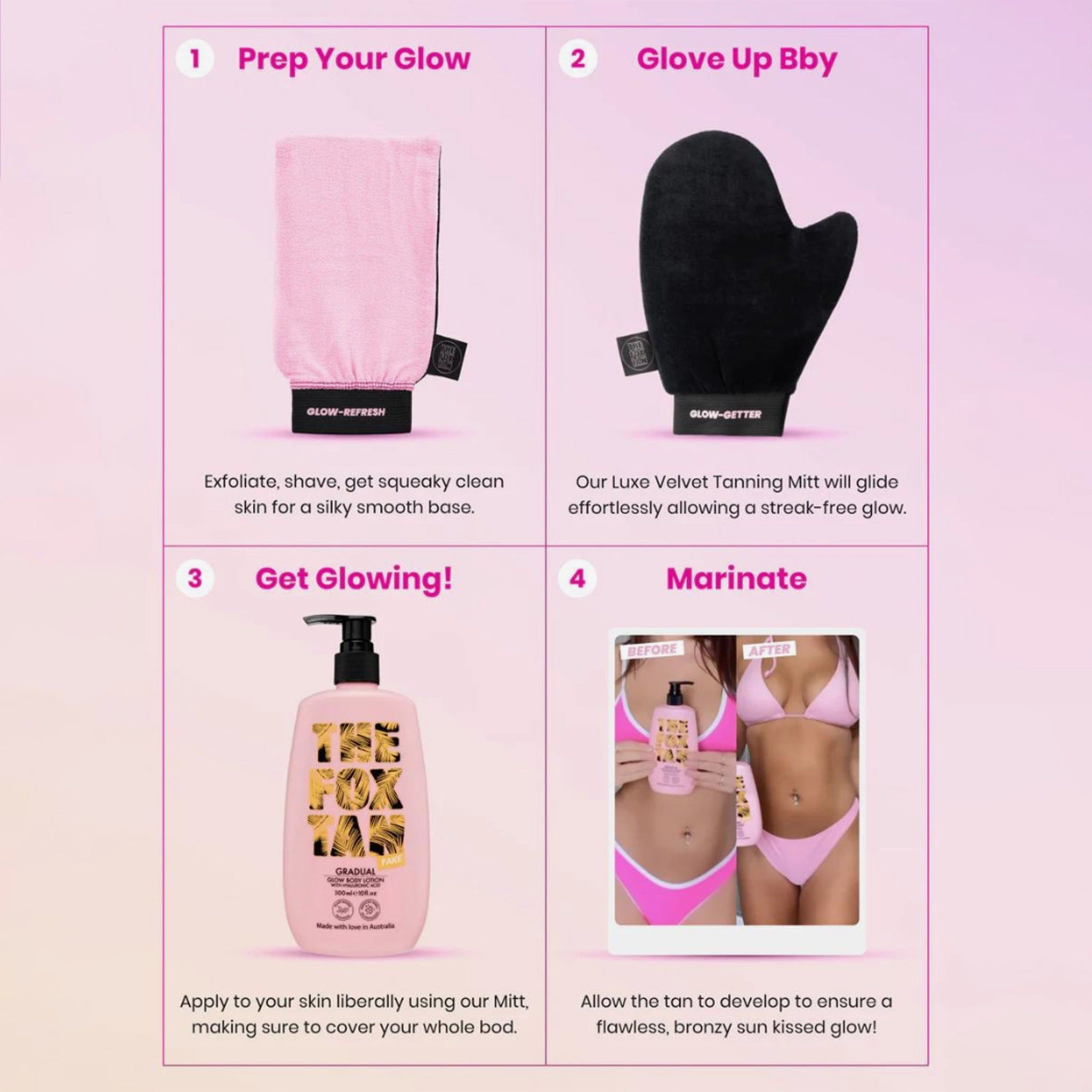 Instructies in vier stappen. Roze handschoen, zwarte handschoen, fles, smartphone met afbeelding. Tekst: THE FOX TAN.