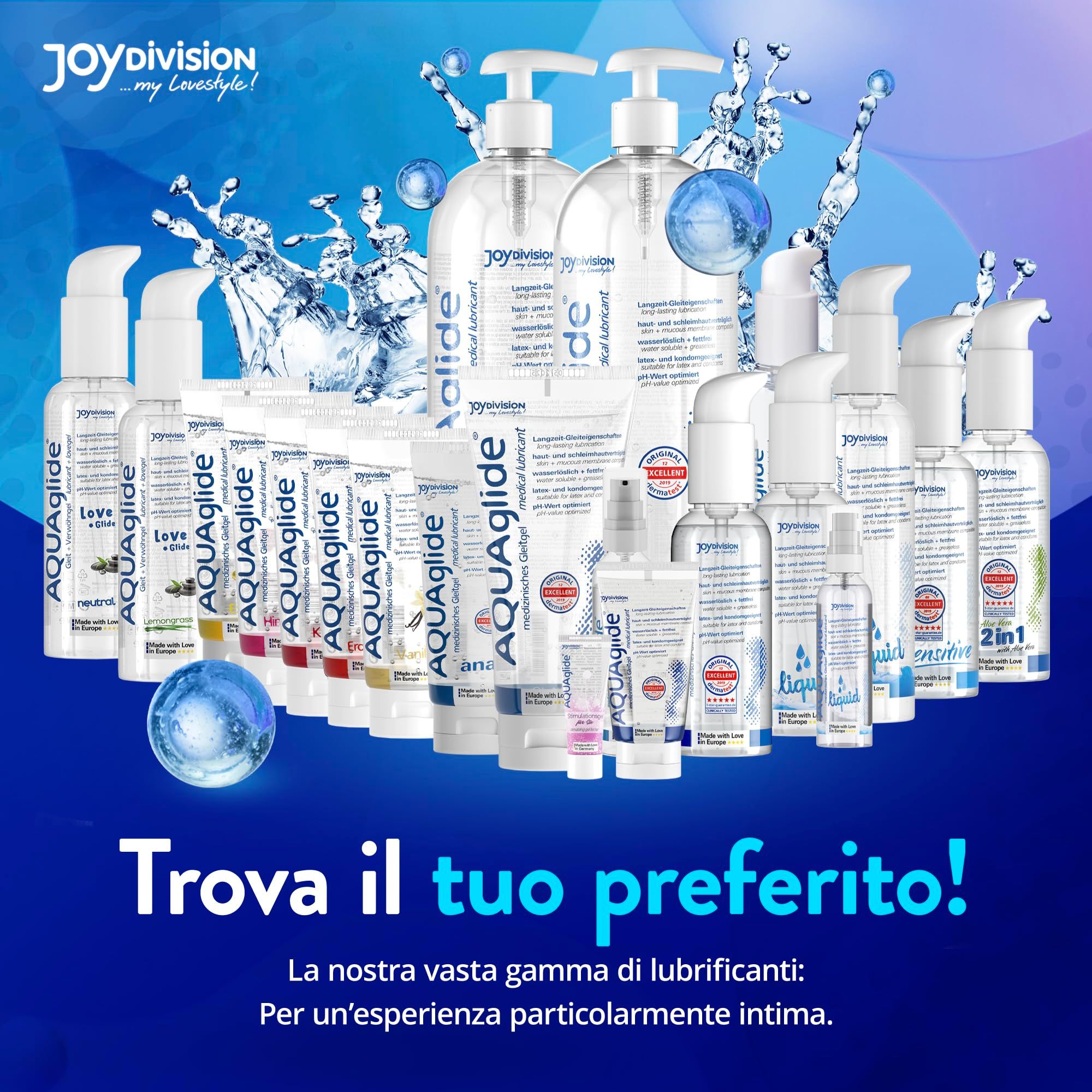 Aqua glide glijmiddel tube met dermatest zegel en "Made with Love in Europe".