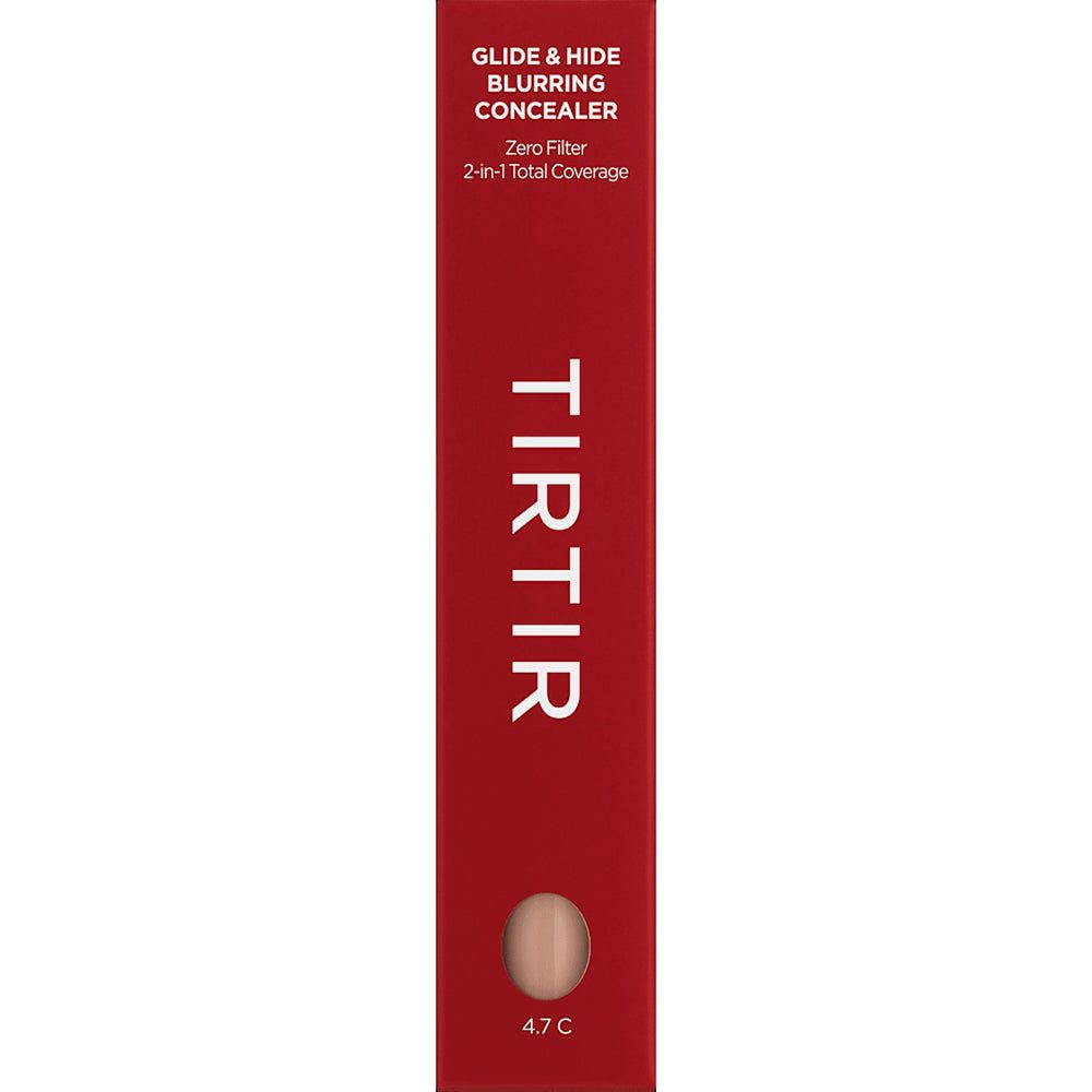 Emballage rouge avec TIRTIR Glide & Hide Blurring Concealer. Nom du produit et teinte 4.7C visibles. Texte: Zero Filter, 2-en-1 Total Coverage.