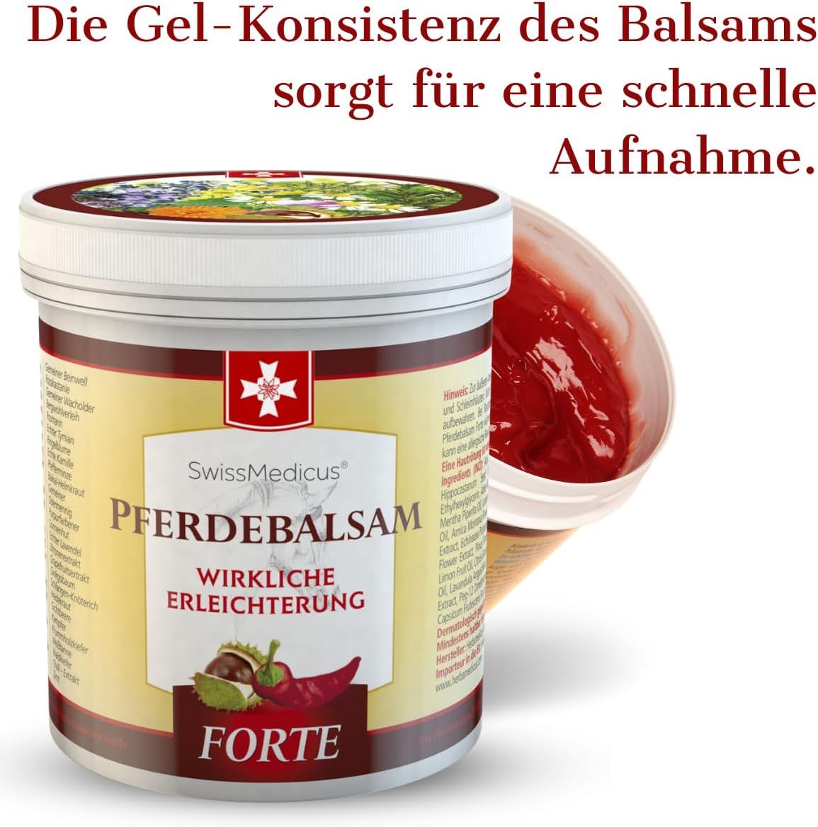 Boîte SwissMedicus Baume pour Chevaux Forte avec couvercle ouvert, baume rouge visible.