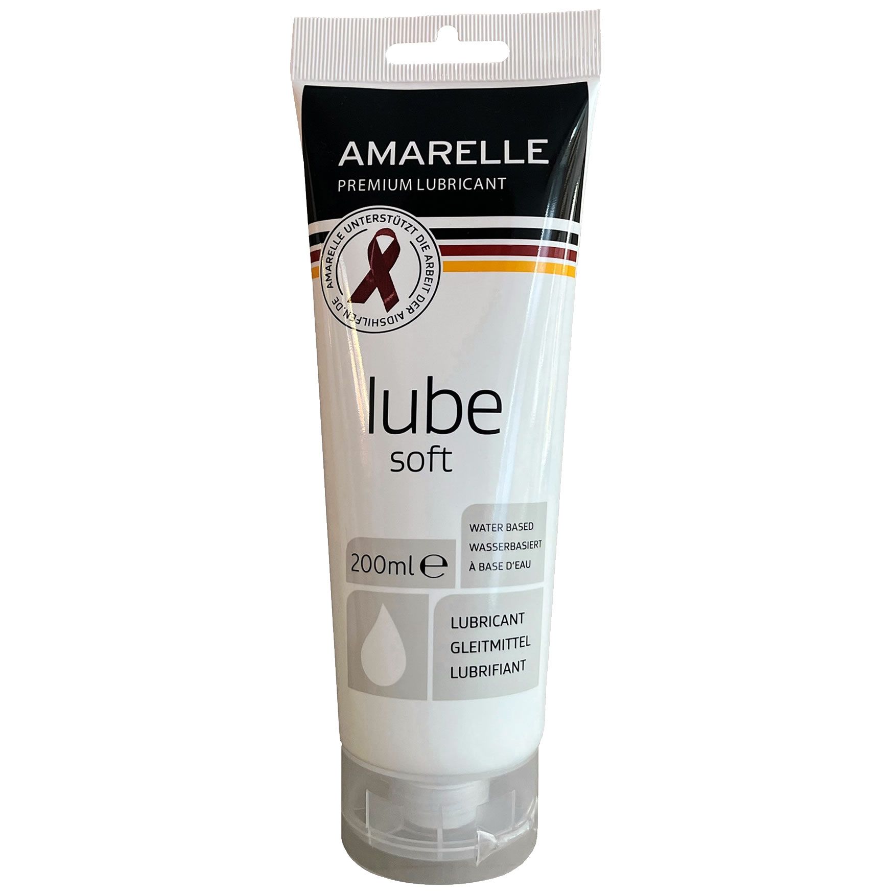 Tube blanche avec bouchon noir. Inscription : Amarelle, Lube soft. 200ml. À base d'eau.